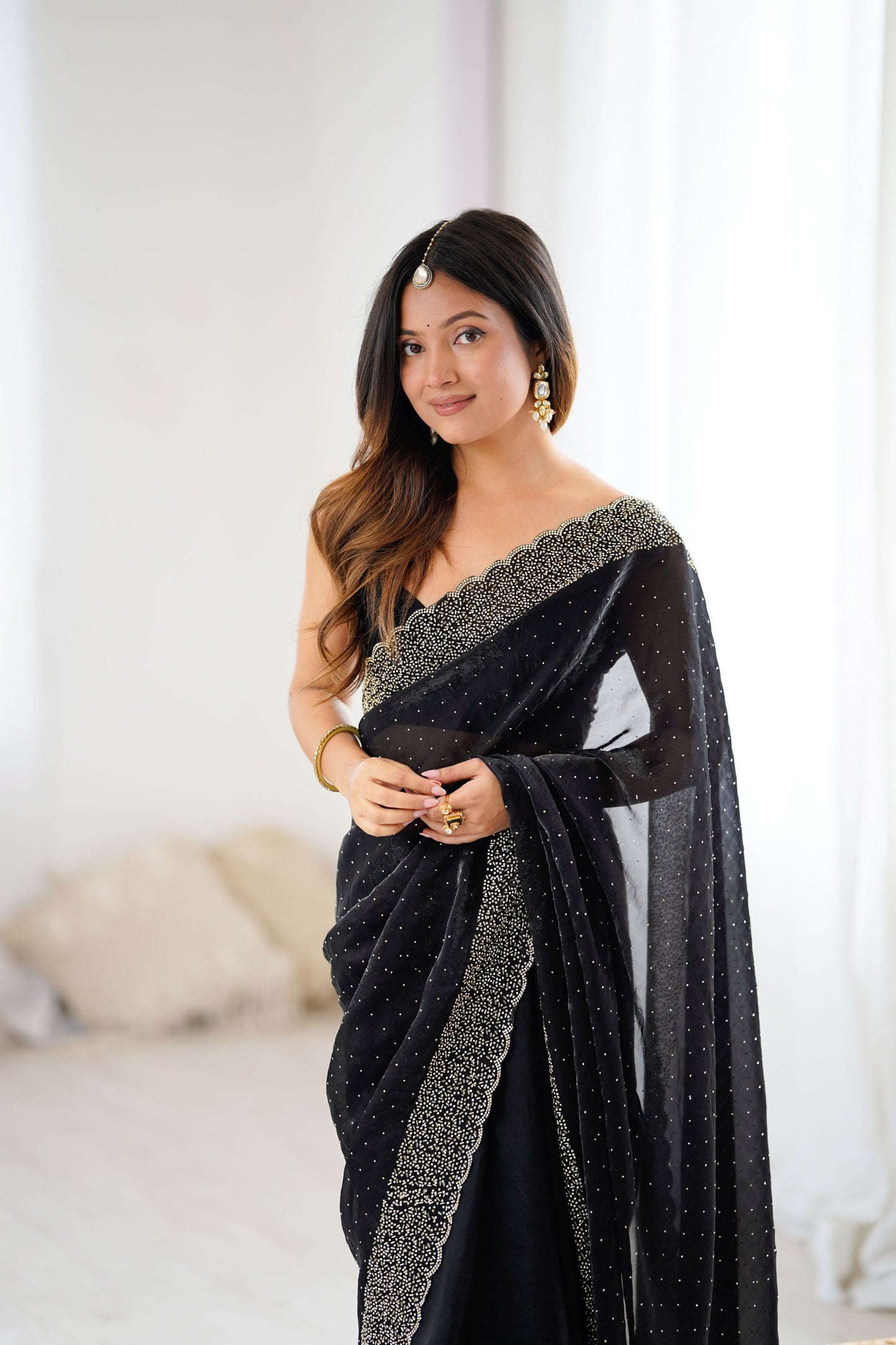 Designer Black Georgette Saree Gold Embellished Border Party Wear Saree