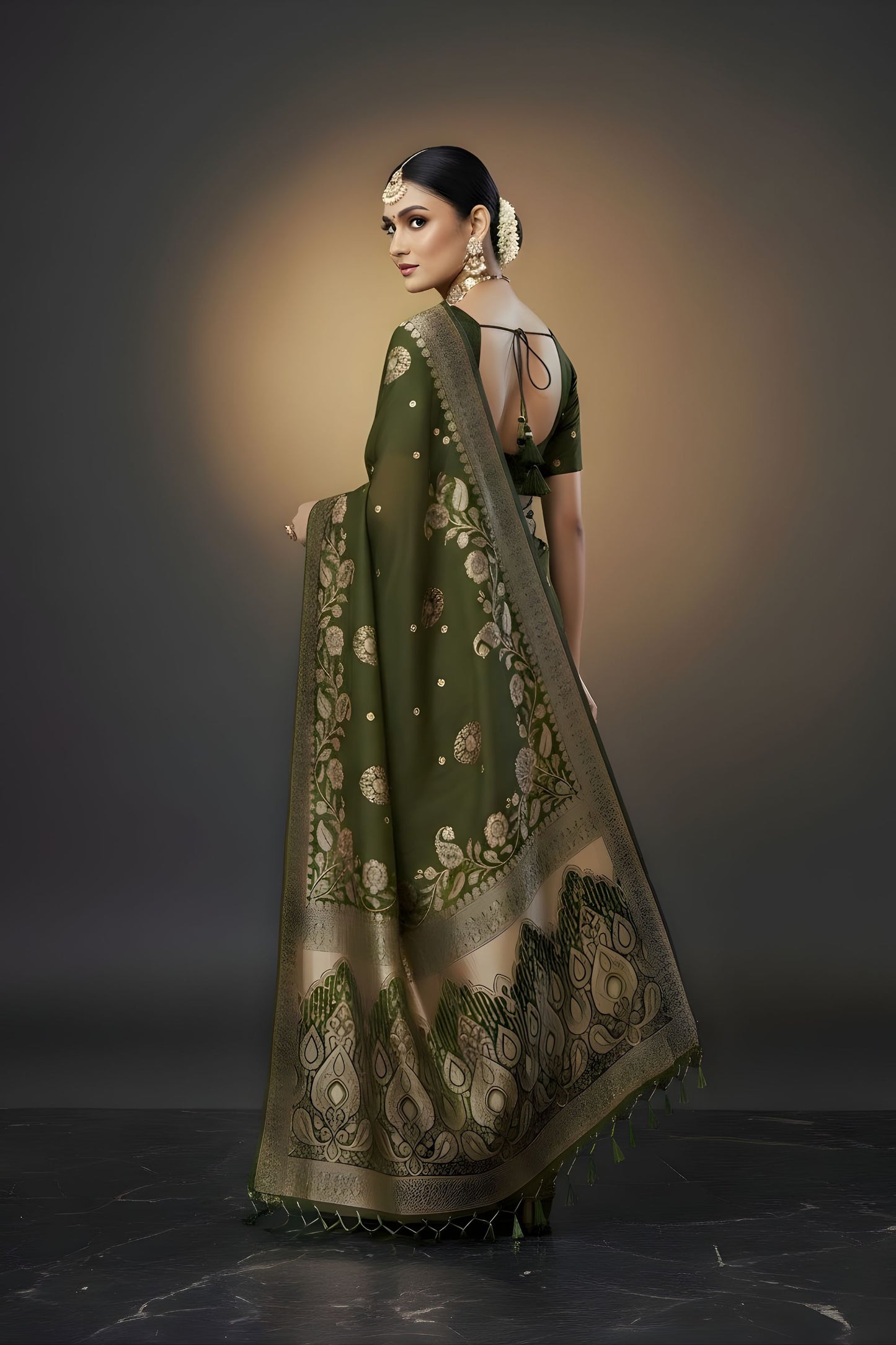 Olive Green Silk Saree with Gold Zari Floral Border Traditional Wear Saree
