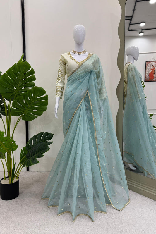 Sky Blue Organza Silk Saree Sequin Embroidered Designer Blouse
