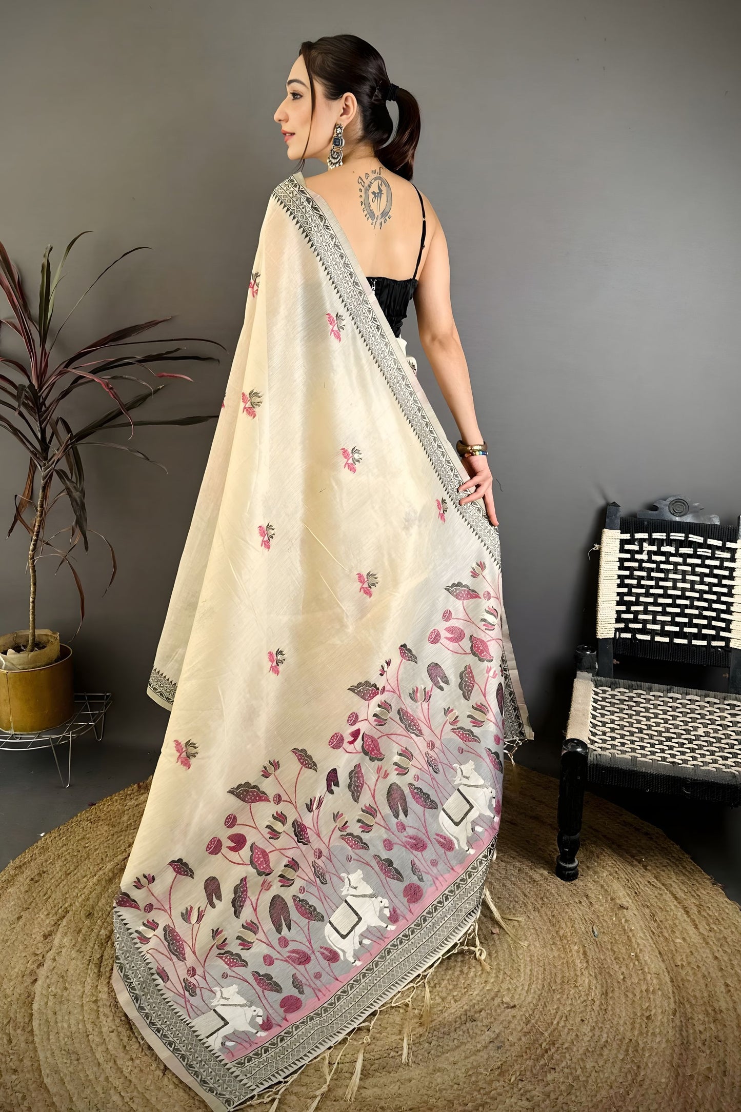 Off White Linen Cotton Saree Floral Hand Block Print Border