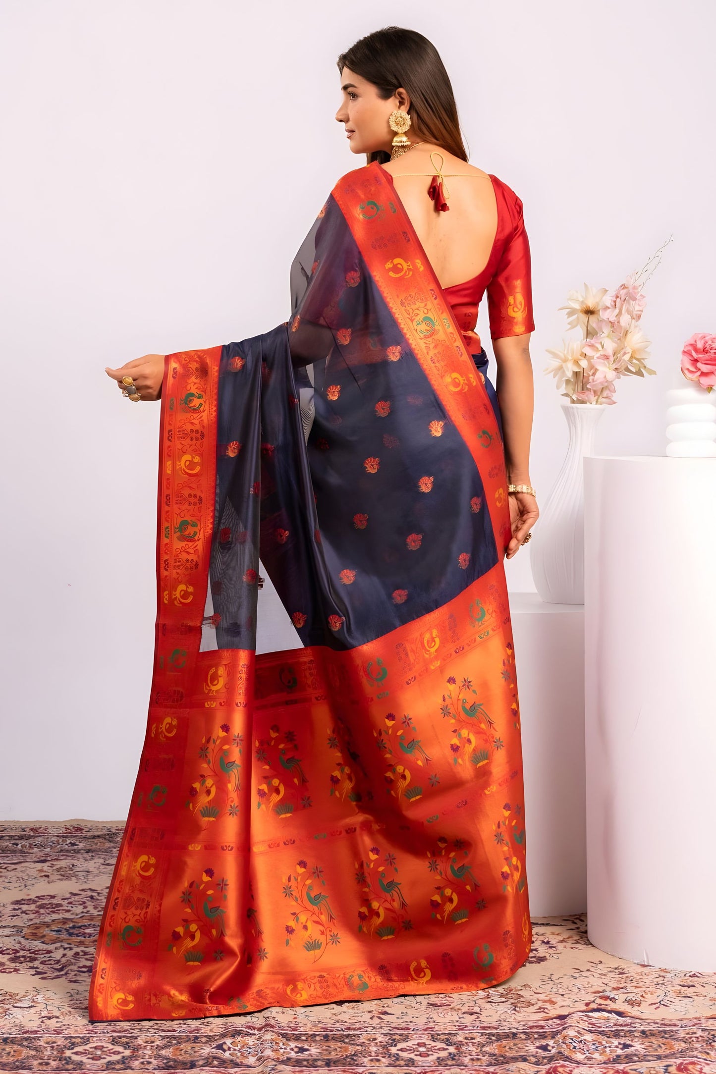 Navy Blue Paithani Silk Saree Red Zari Border Traditional Saree