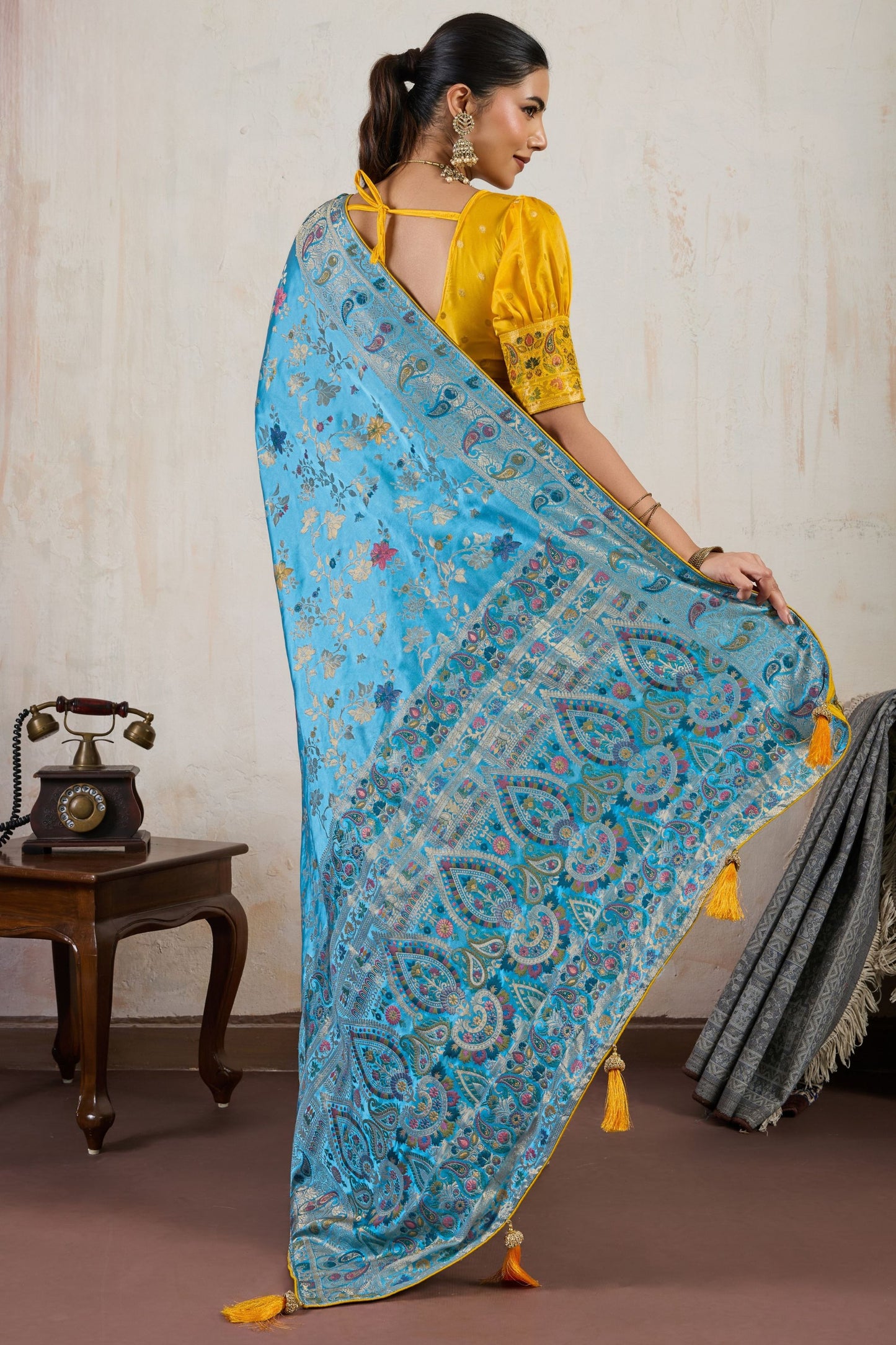 Sky Blue Banarasi Silk Saree Rich Zari Floral Contrast Yellow Blouse