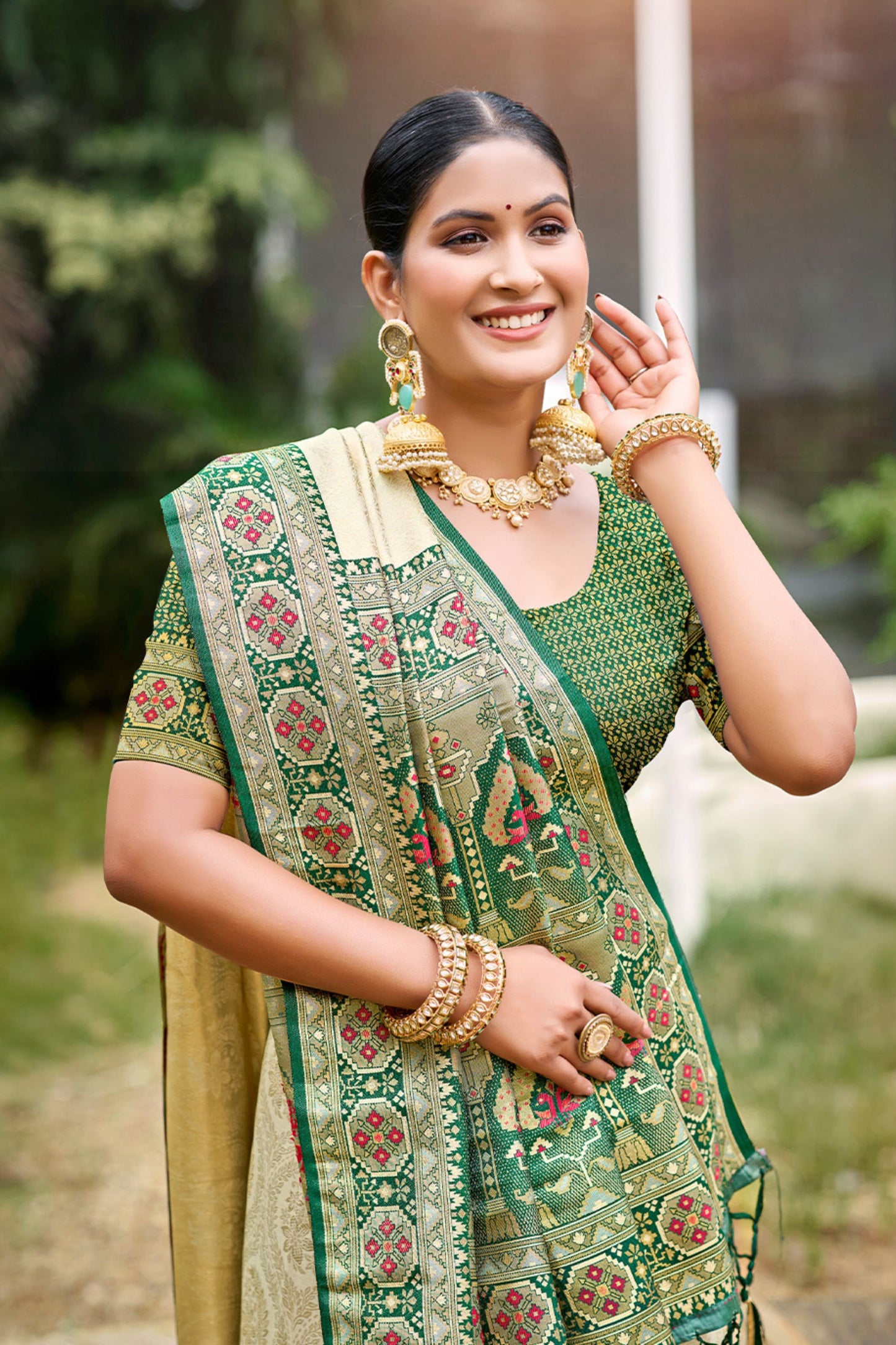 Golden Beige Silk Saree Green Woven Border Traditional Banarasi Pallu