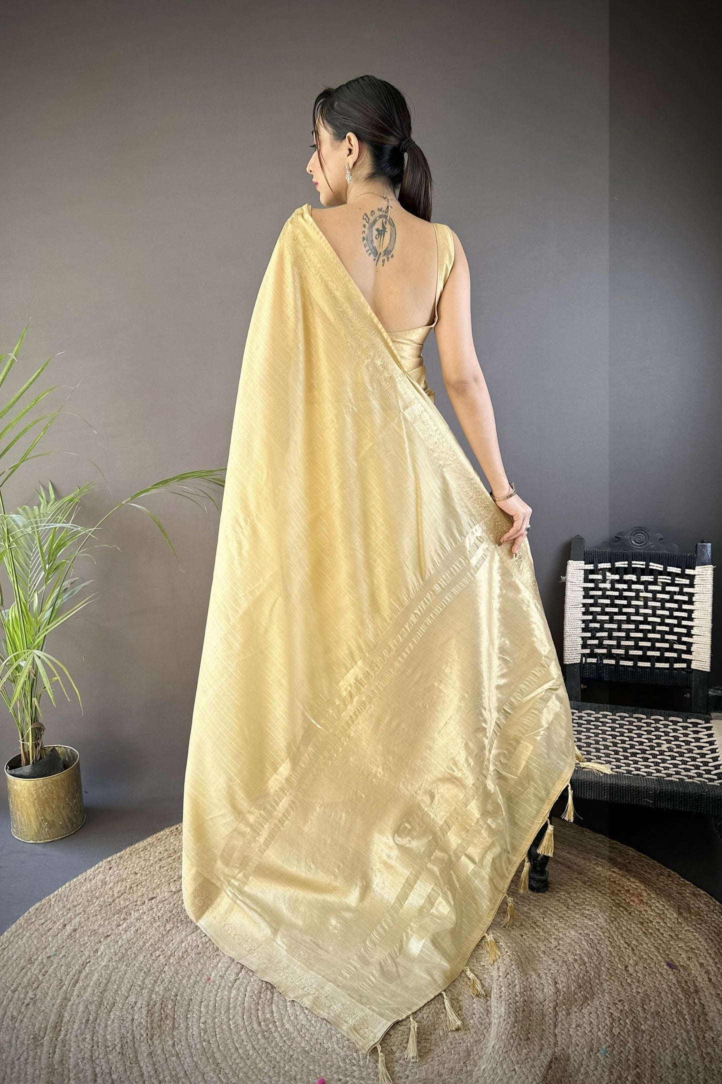 Golden Beige Linen Silk Saree with Woven Zari Border Tassel Pallu