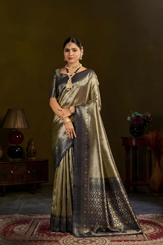 Olive Gold Kanjivaram Silk Saree with Navy Blue Zari Border
