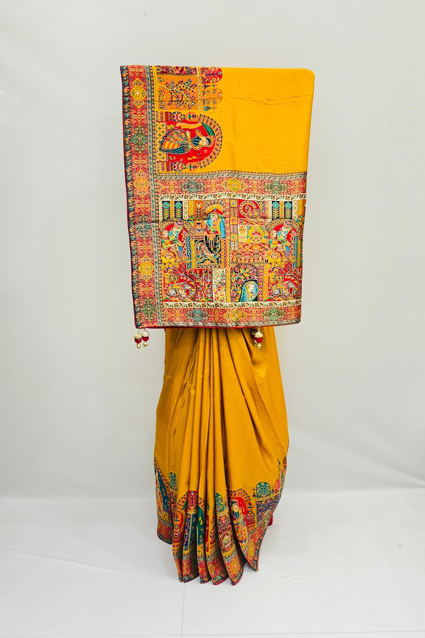 Mustard Yellow Madhubani Art Silk Saree with Multicolor Printed Pallu and Border