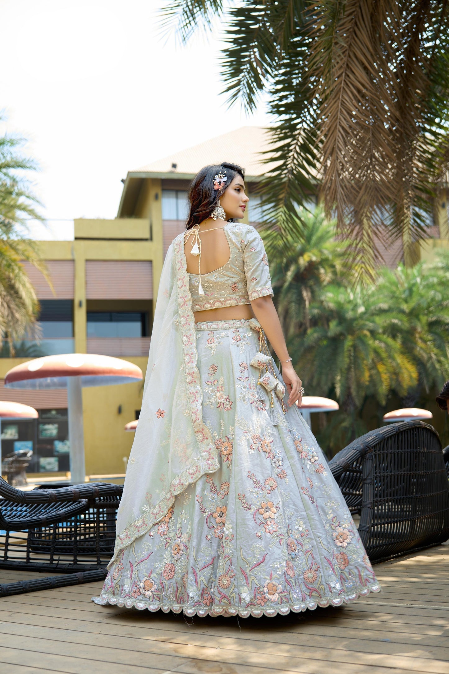 Amazing Grey Embroidered Organza Lehenga Choli with Dupatta for Wedding