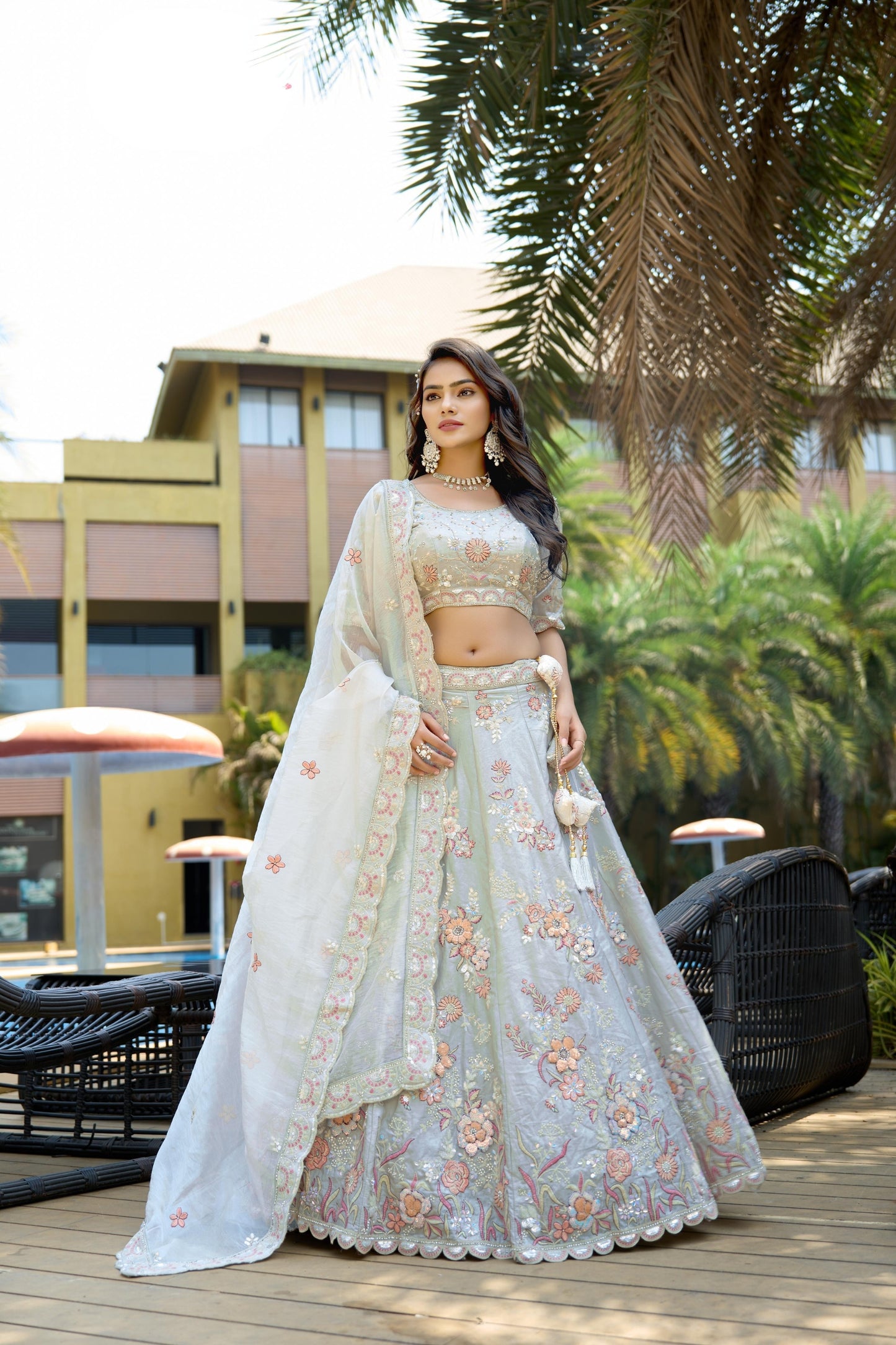 Amazing Grey Embroidered Organza Lehenga Choli with Dupatta for Wedding
