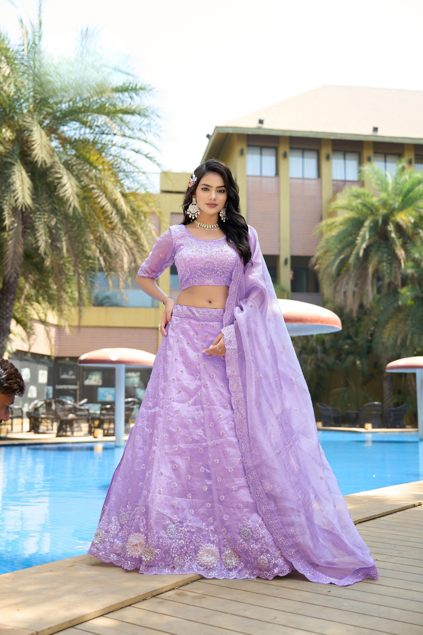 Unique Lavender Embroidered Organza Lehenga Choli with Dupatta for Wedding