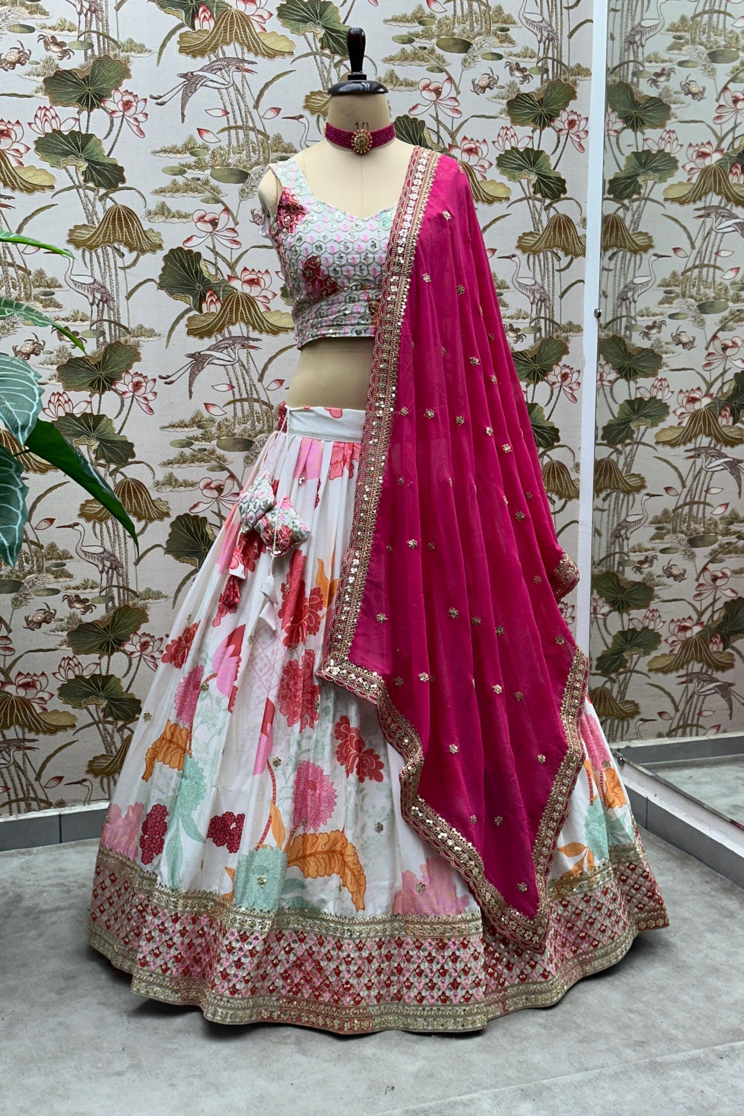 Elegant White Floral Printed Chinon Designer Lehenga Choli with Hot Pink Dupatta for Wedding