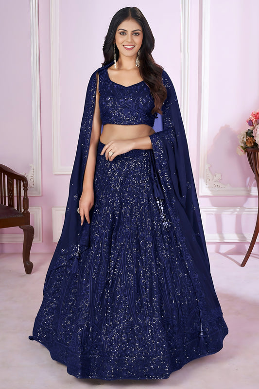 Stunning Navy Blue Embroidered Georgette Lehenga Choli with Dupatta for Women