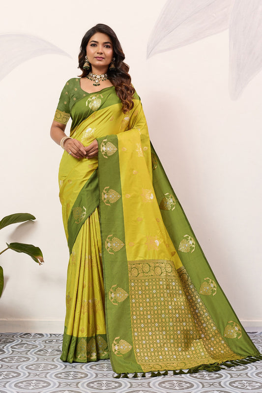 Yellow Olive Green Kanjivaram Silk Saree with Rich Gold Zari Border