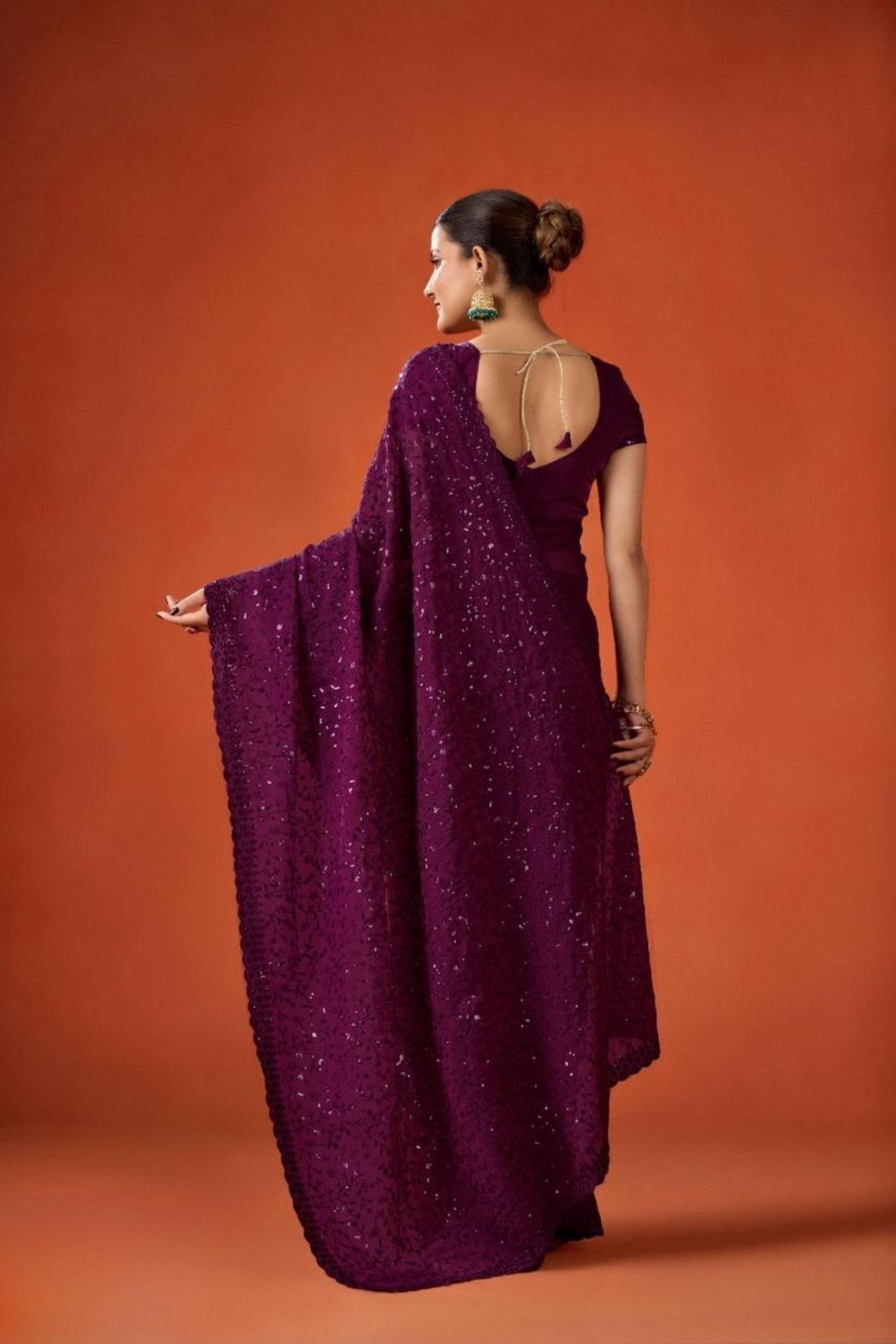 Wine Purple Embroidered Saree with Matching Blouse Party Wear Saree