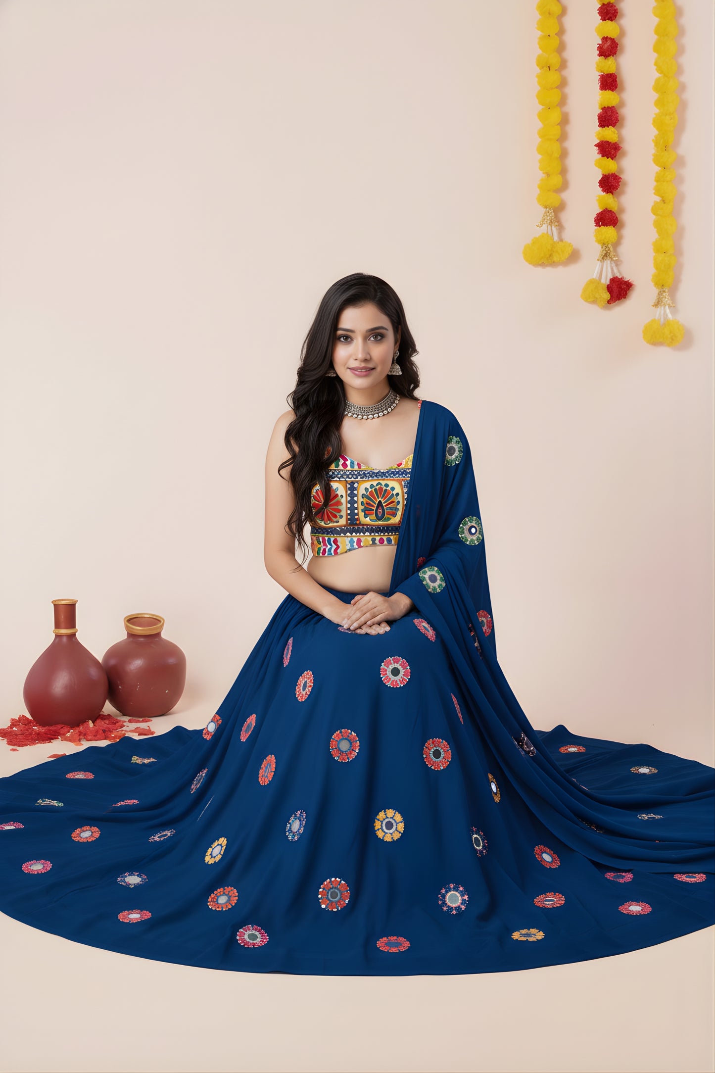Stylish Royal Blue Rayon Mirror Work Lehenga Choli with Designer Blouse for Women