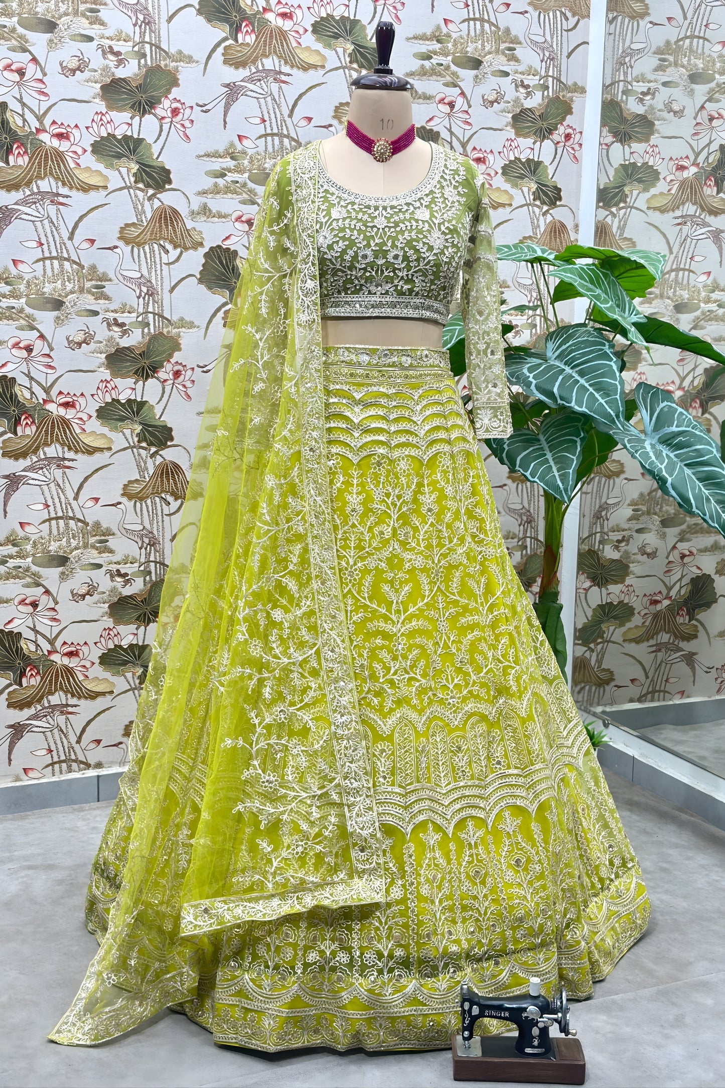 Designer Lime Green Heavy Embroidered Butterfly Net Lehenga Choli with Dupatta