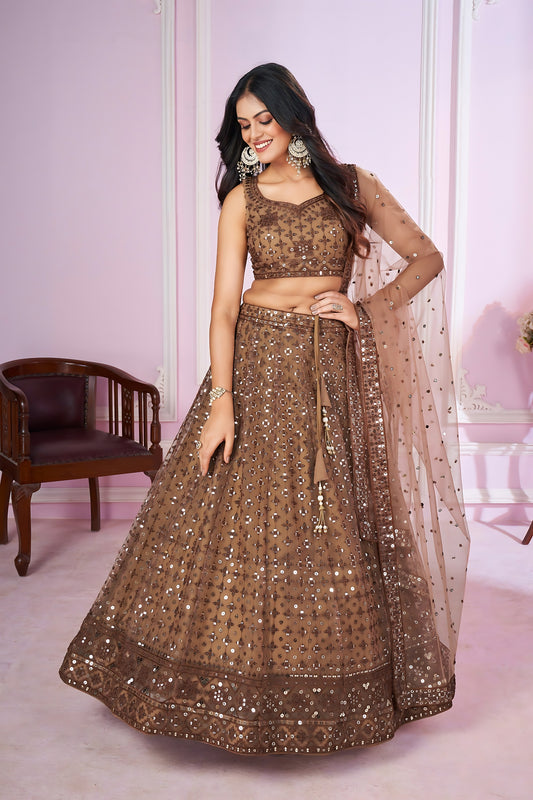Stunning Brown Embroidered Soft Net Lehenga Choli with Dupatta for Women