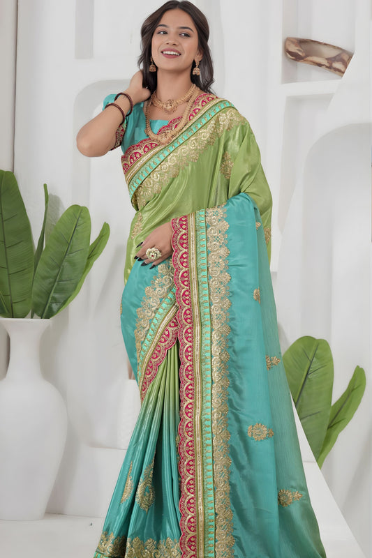 Sea Green Silk Saree Pink Gold Embroidered Border Designer Saree