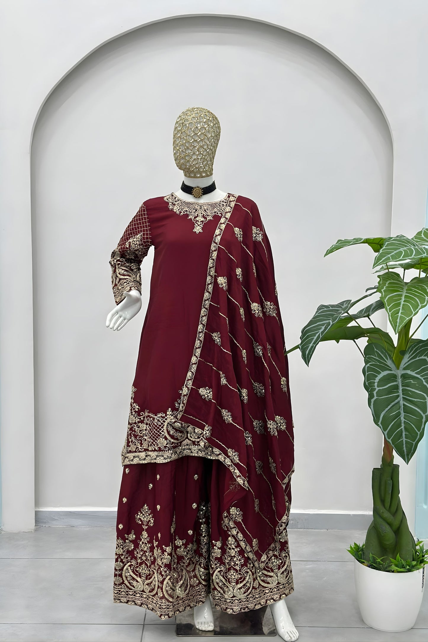 Royal Wine Silk Embroidered Palazzo Suit Designer Dupatta
