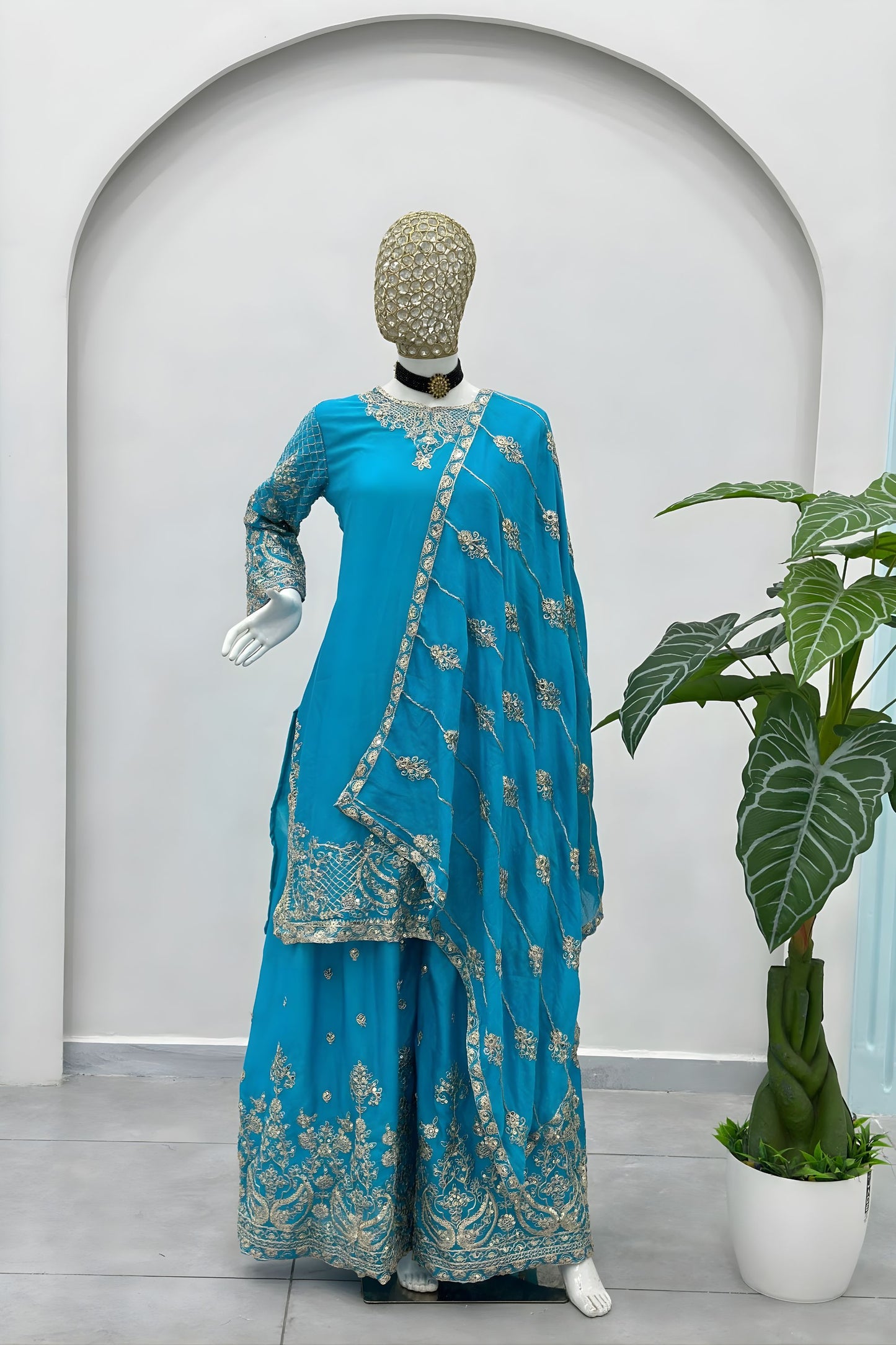 Royal Sky Blue Silk Embroidered Palazzo Suit Designer Dupatta