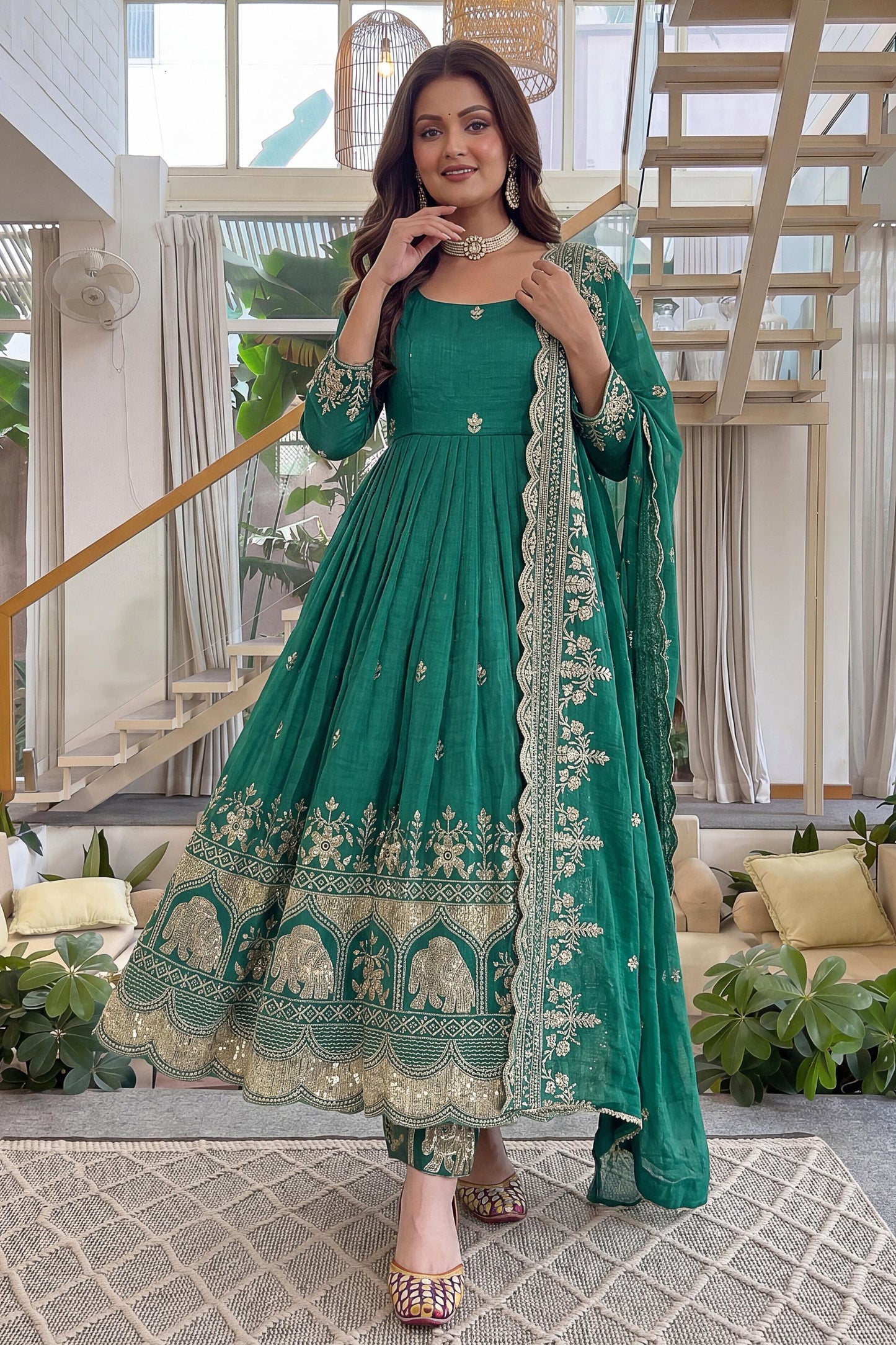Emerald Green Embroidered Anarkali Suit Set Dupatta Heavy Zari Border Work