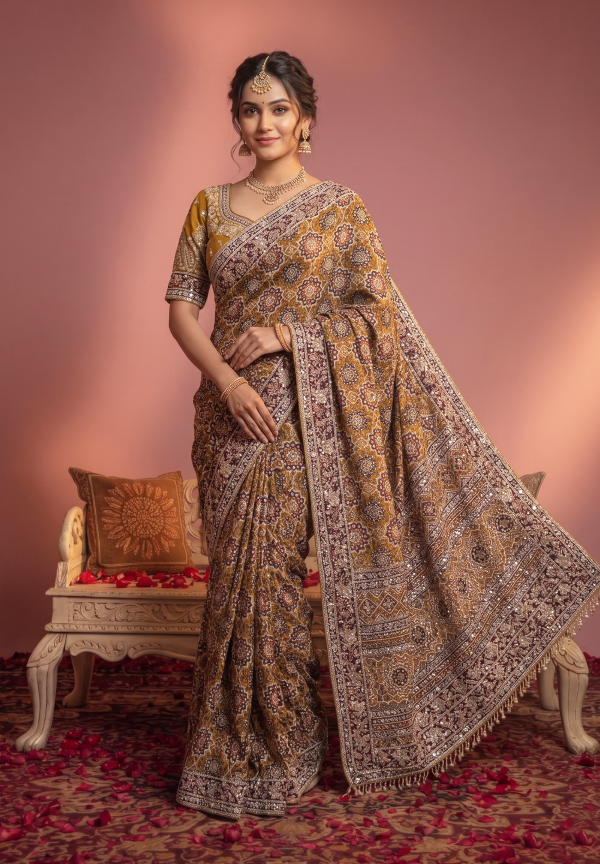 Exquisite Mustard Brown Natural Crepe Saree Aari Hand Work for Women