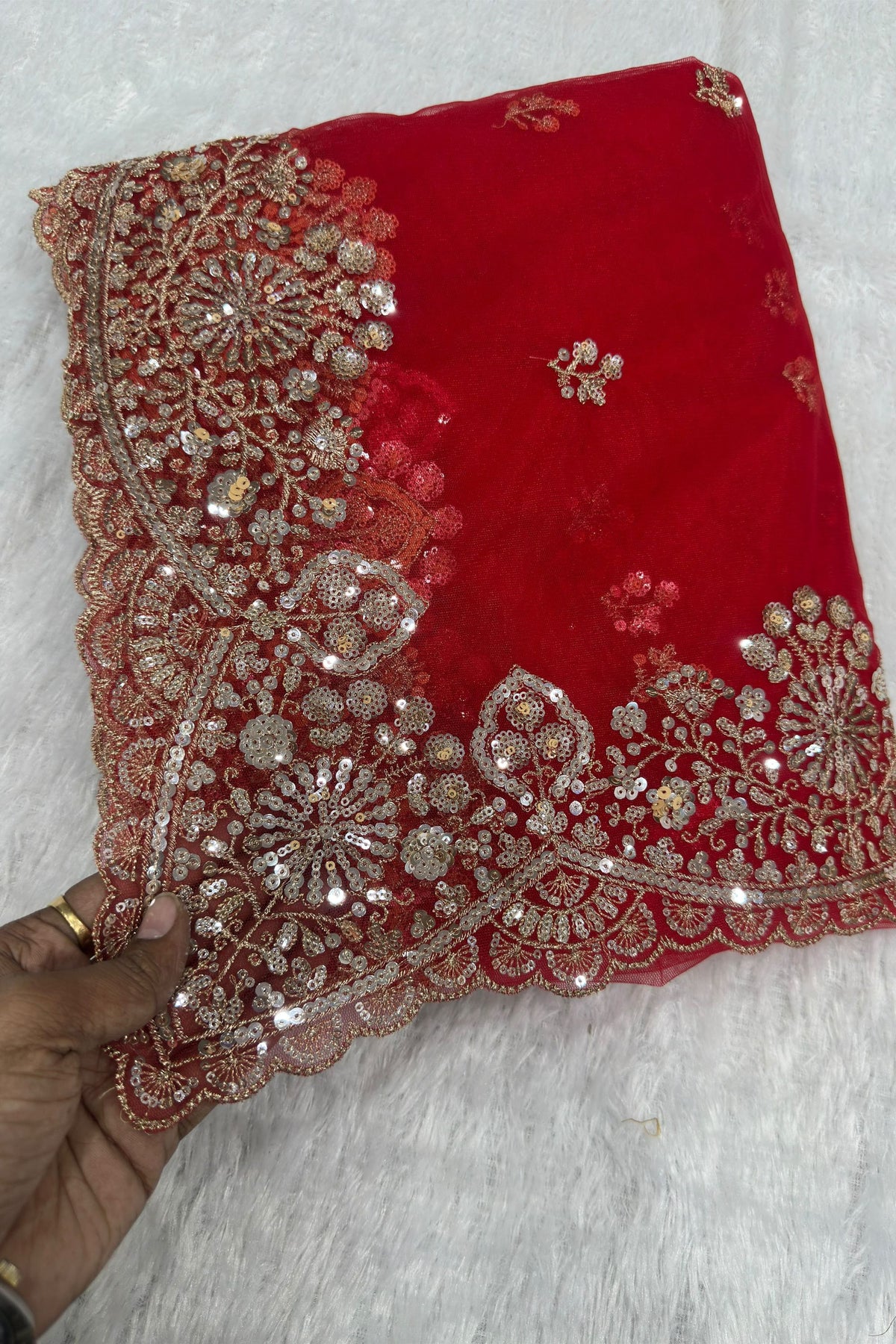 Stunning Red Net Saree Heavy Embroidery Sequin Work for Women