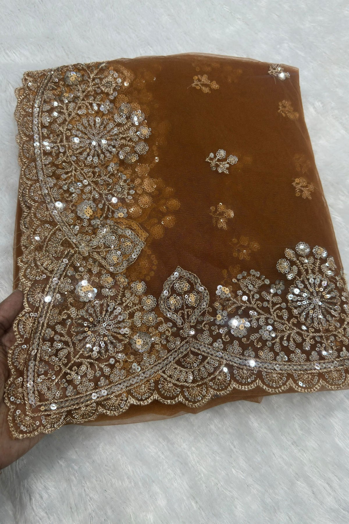 Elegant Brown Net Saree Heavy Embroidery Sequin Work for Women