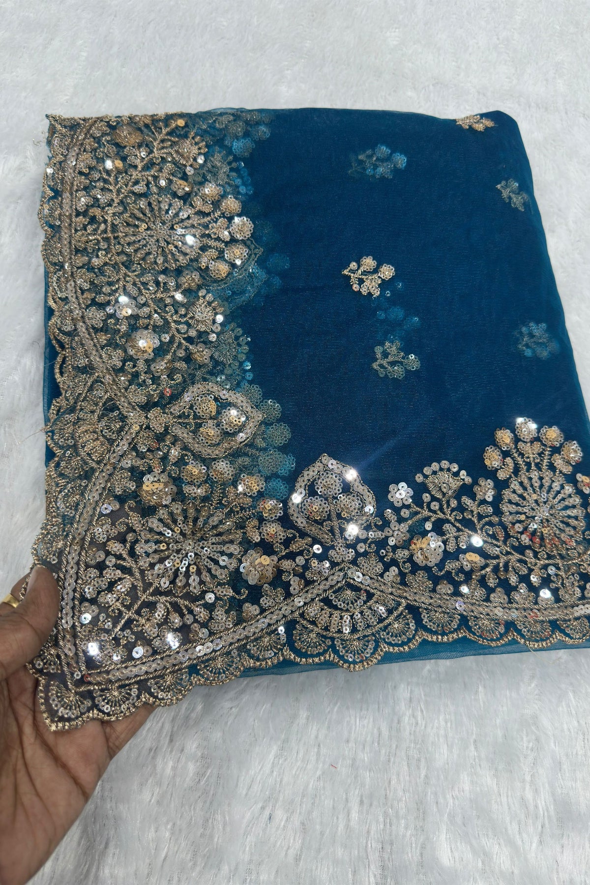 Royal Navy Blue Net Saree Heavy Embroidery Sequin Work for Women