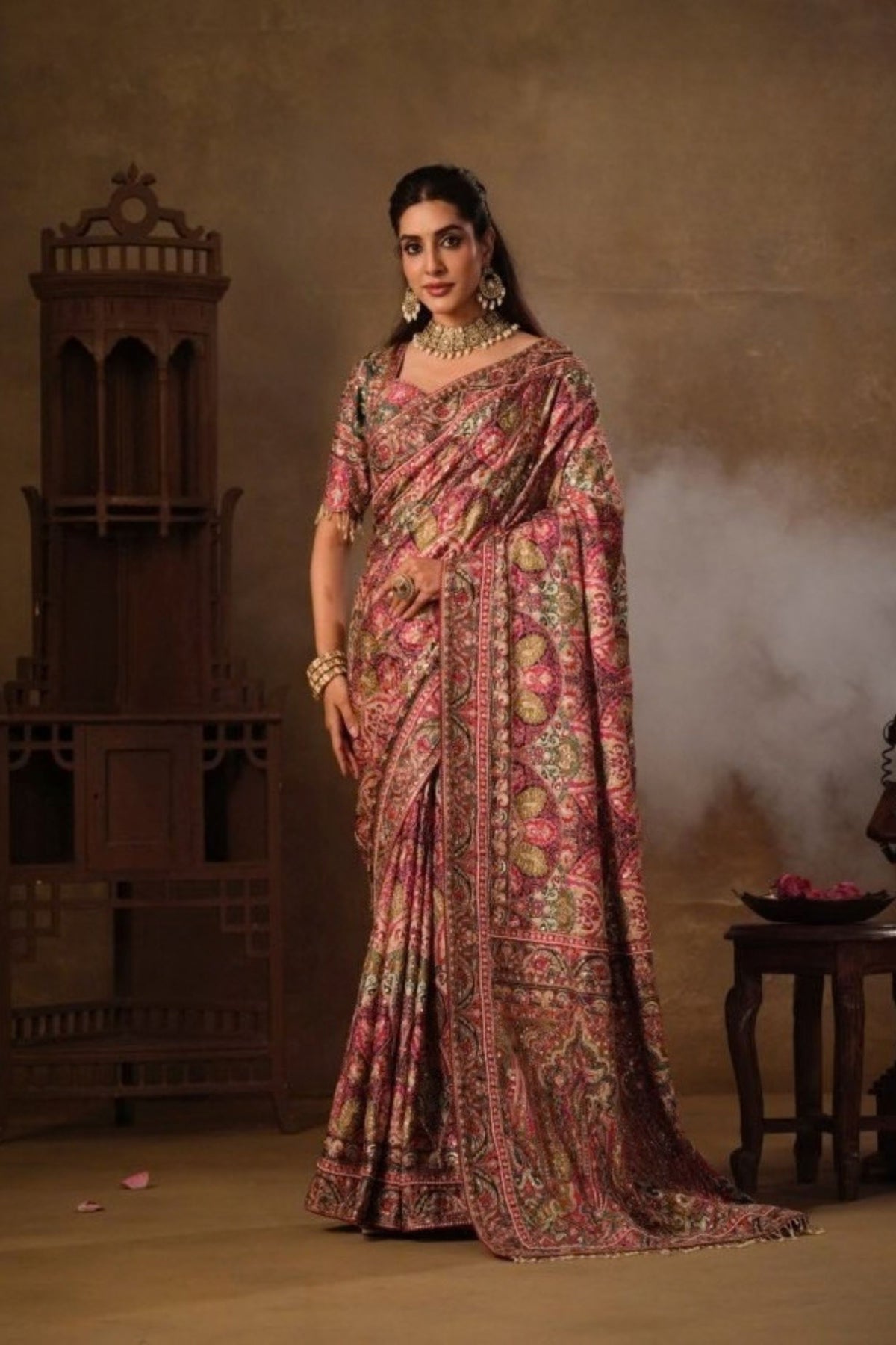 Stylish Wine Natural Crepe Aari Hand Work Saree with Pure Khatli and Mirror Work for Women