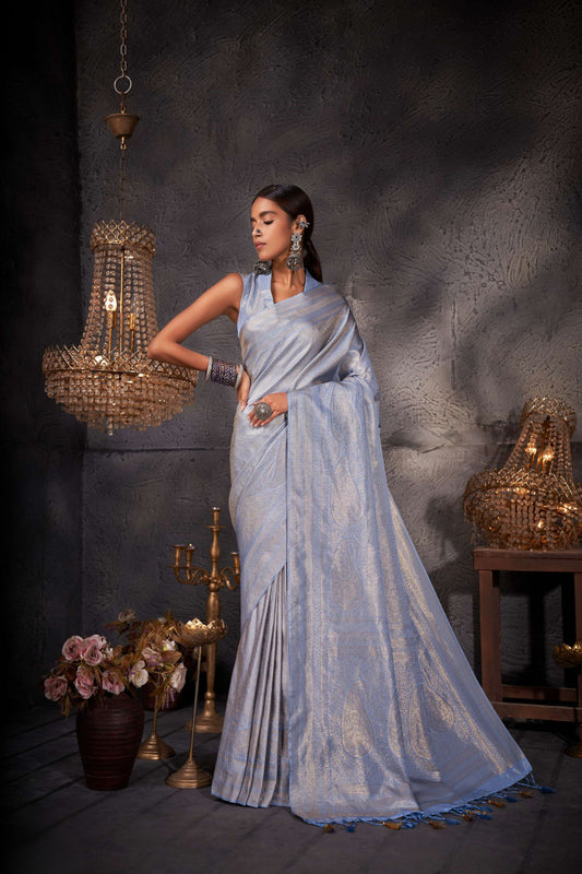 Sophisticated Ice Blue Pure Kanjivaram Weaving Silk Saree for Women