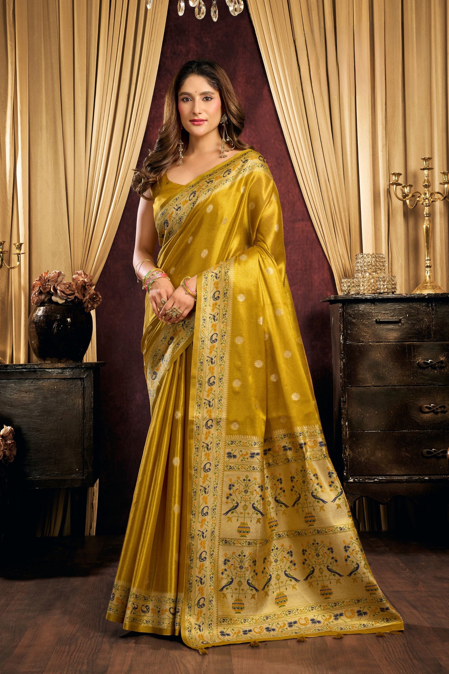 Gorgeous Mustard Yellow Tissue Silk Zari Weaving Saree