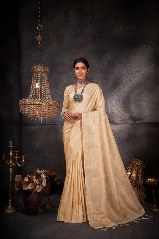 Elegant Beige Pure Kanjivaram Weaving Silk Saree for Women