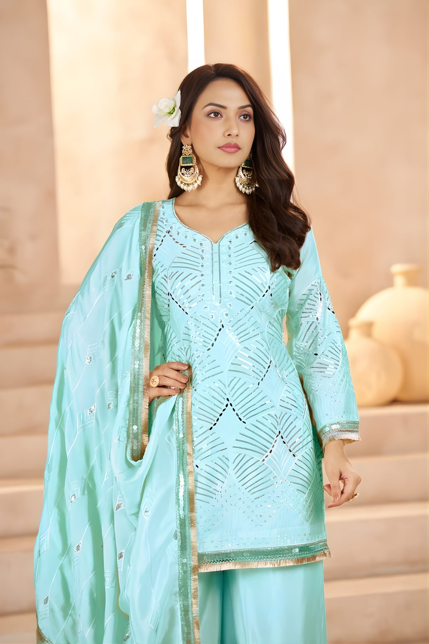 Cool Aqua Blue Heavy Embroidered Chinon Party Wear Palazzo Suit with Dupatta