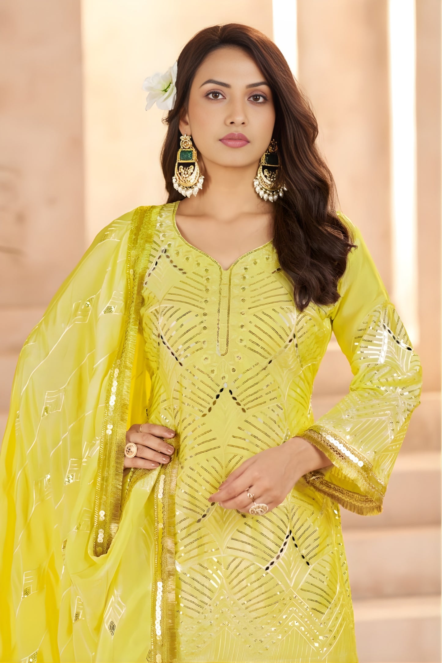 Vibrant Yellow Heavy Embroidered Chinon Party Wear Palazzo Suit with Dupatta