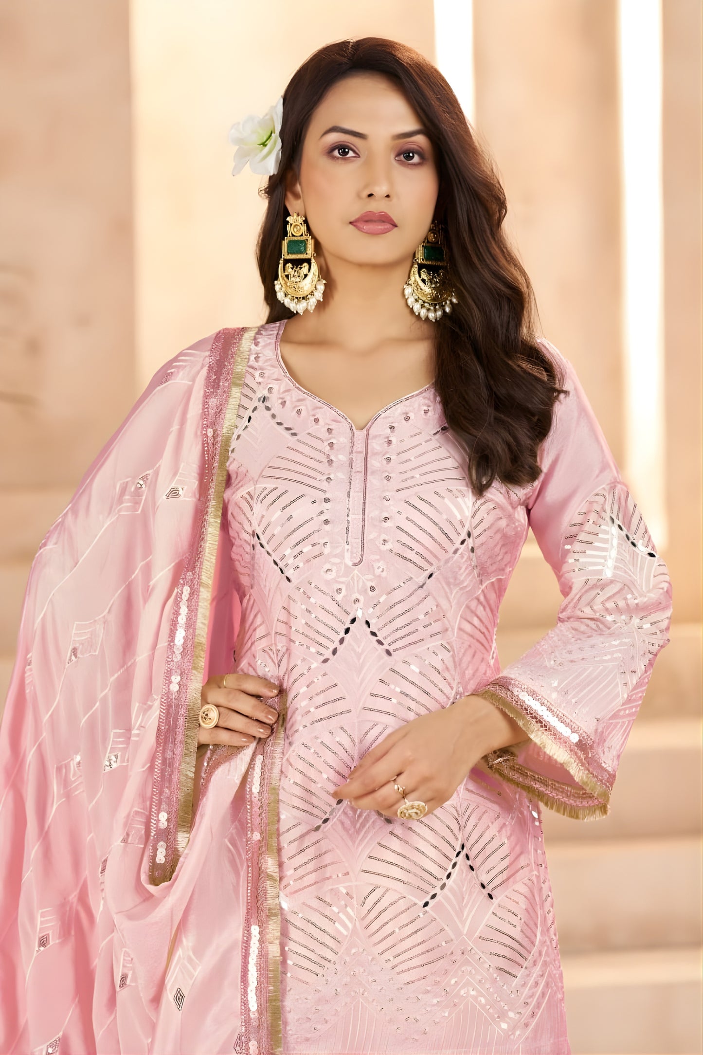 Lovely Rose Pink Heavy Embroidered Chinon Party Wear Palazzo Suit with Dupatta