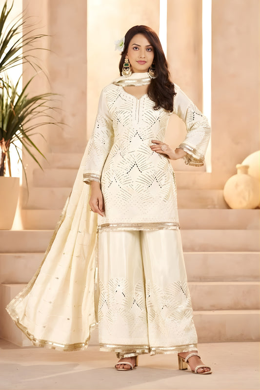 Elegant Off-White Heavy Embroidered Chinon Party Wear Palazzo Suit with Dupatta
