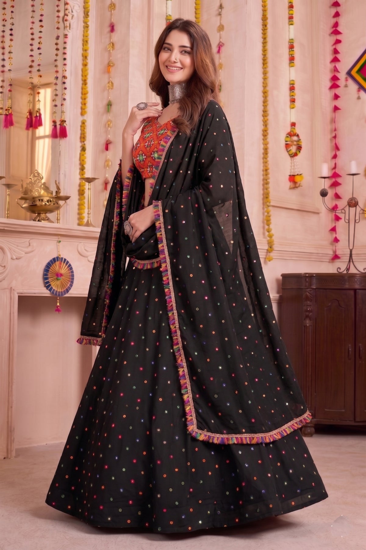 Stunning Black Multicolor Rayon Embroidery Work Designer Lehenga Choli with Dupatta