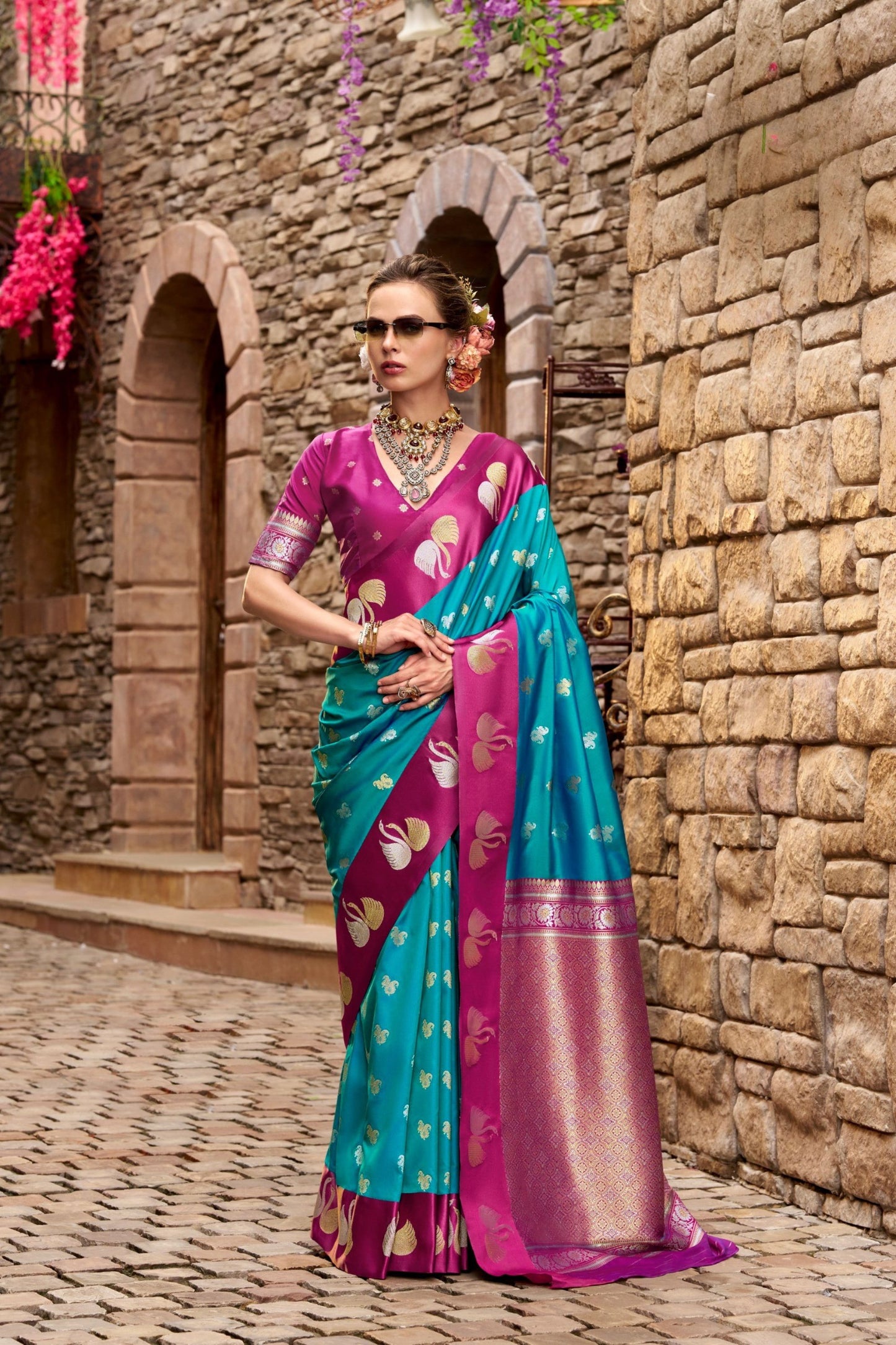 Teal Blue Magenta with Gold Zari Motifs and Rich Woven Border
