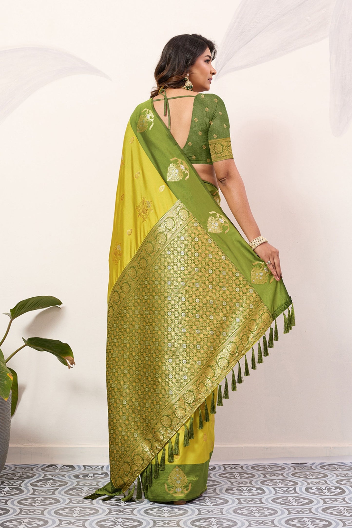 Yellow Olive Green Kanjivaram Silk Saree with Rich Gold Zari Border