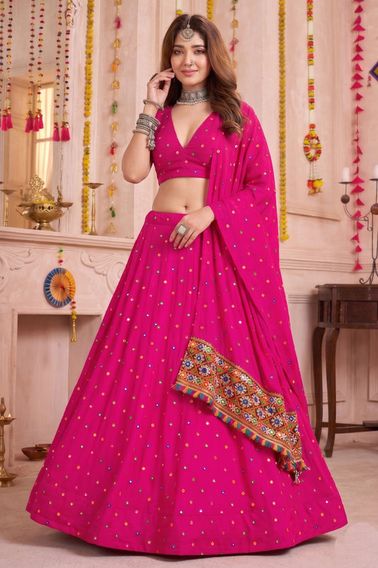Beautiful Rani Pink Multicolor Rayon Thread Work Designer Lehenga Choli with Dupatta