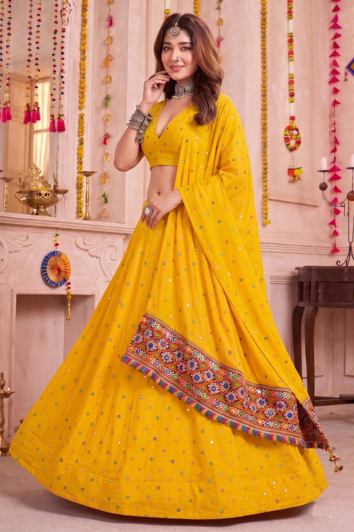 Trendy Yellow Multicolor Rayon Thread Work Designer Lehenga Choli with Dupatta