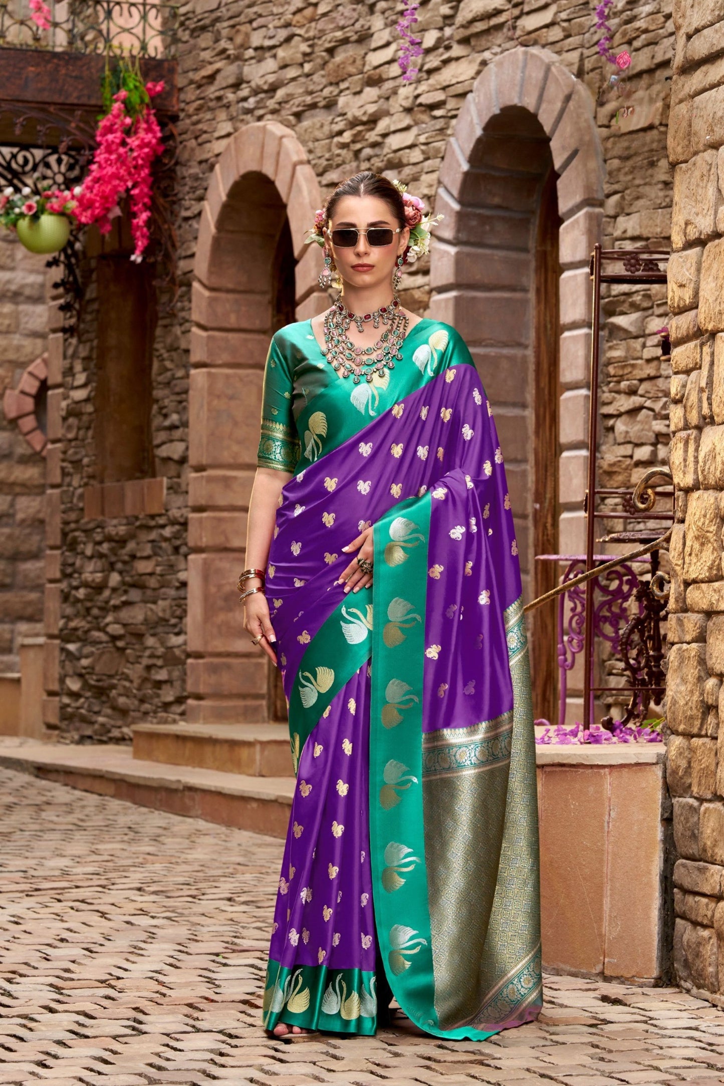 Purple And Green with with Gold Zari Motifs and Rich Woven Border