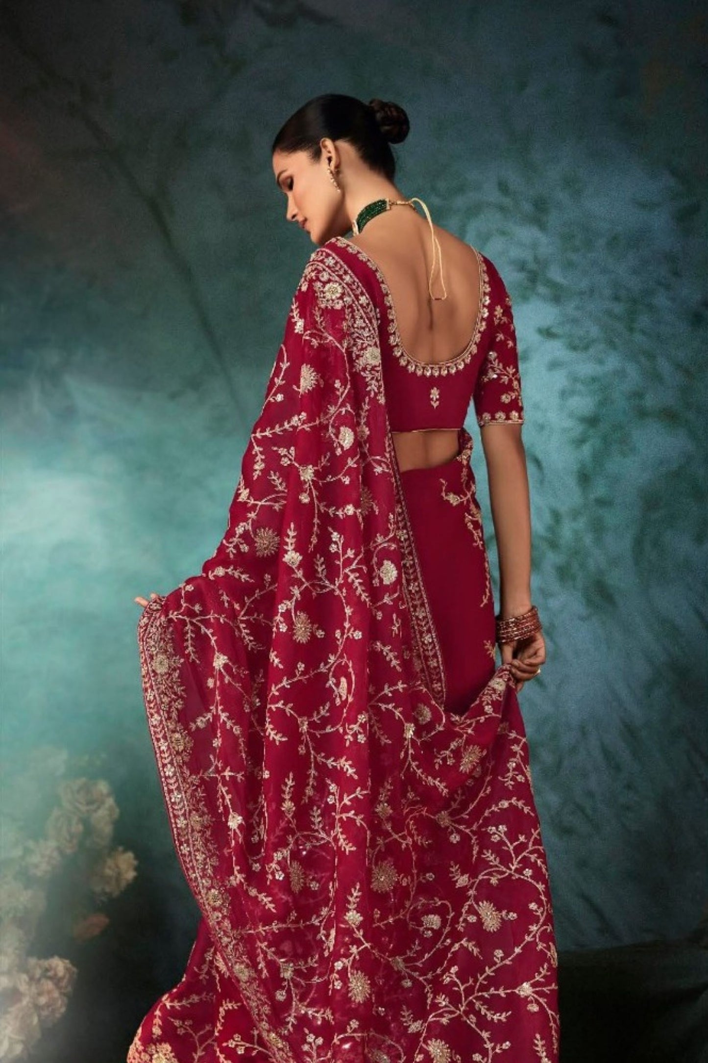 Designer Maroon Embroidered Saree with Heavy Zari Work Matching Blouse