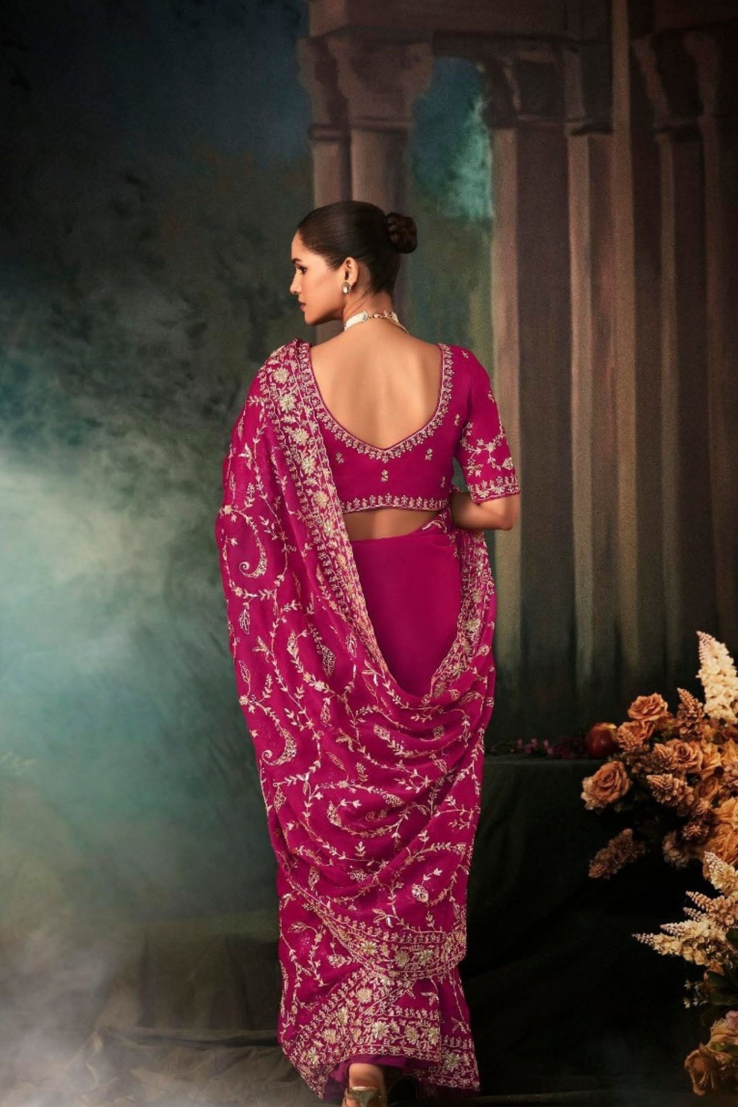 Designer Rani Pink Georgette Saree with Heavy Matching Blouse