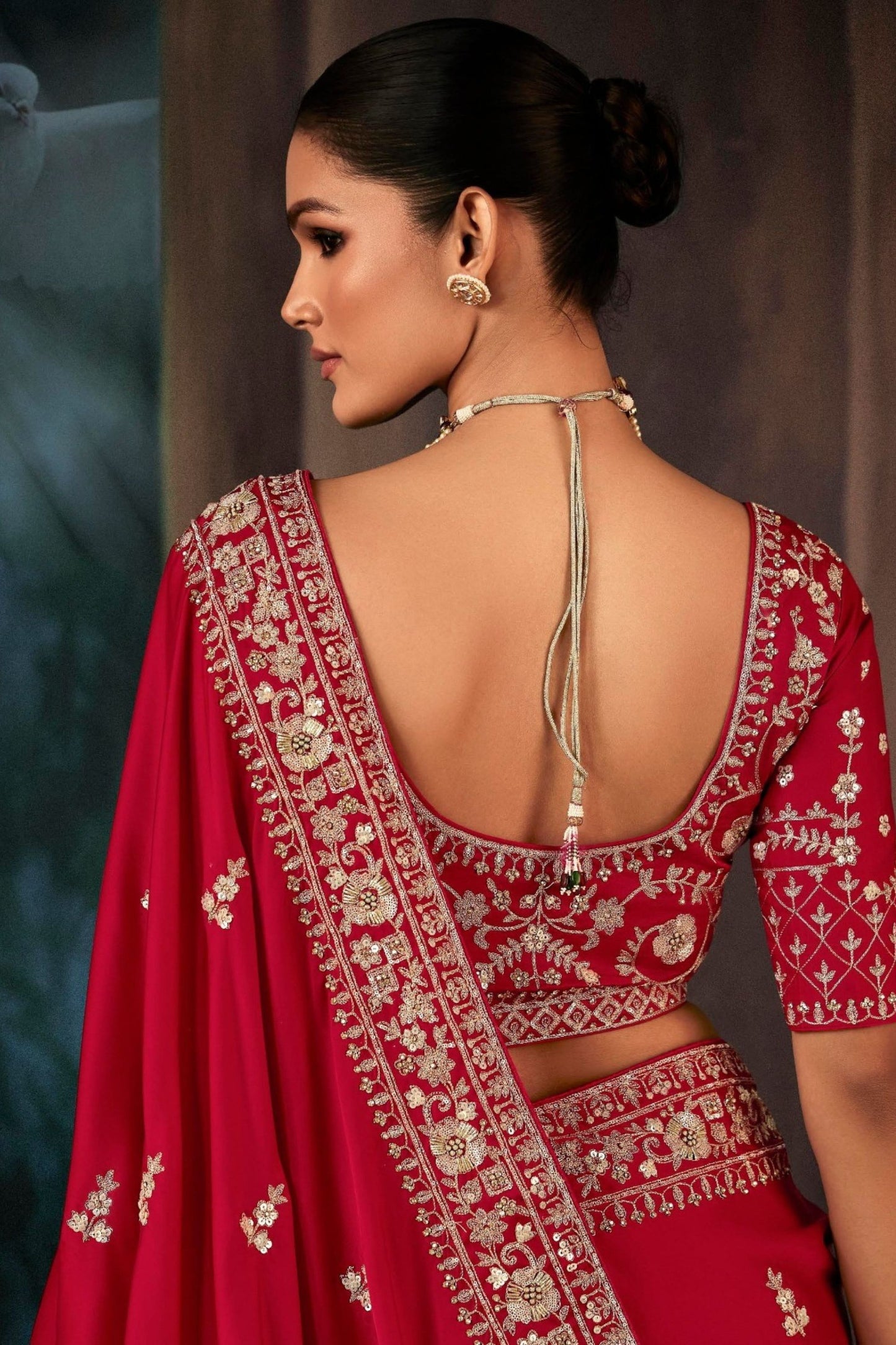 Red Embroidered Designer Saree with Blouse Party Wear Silk Blend Saree
