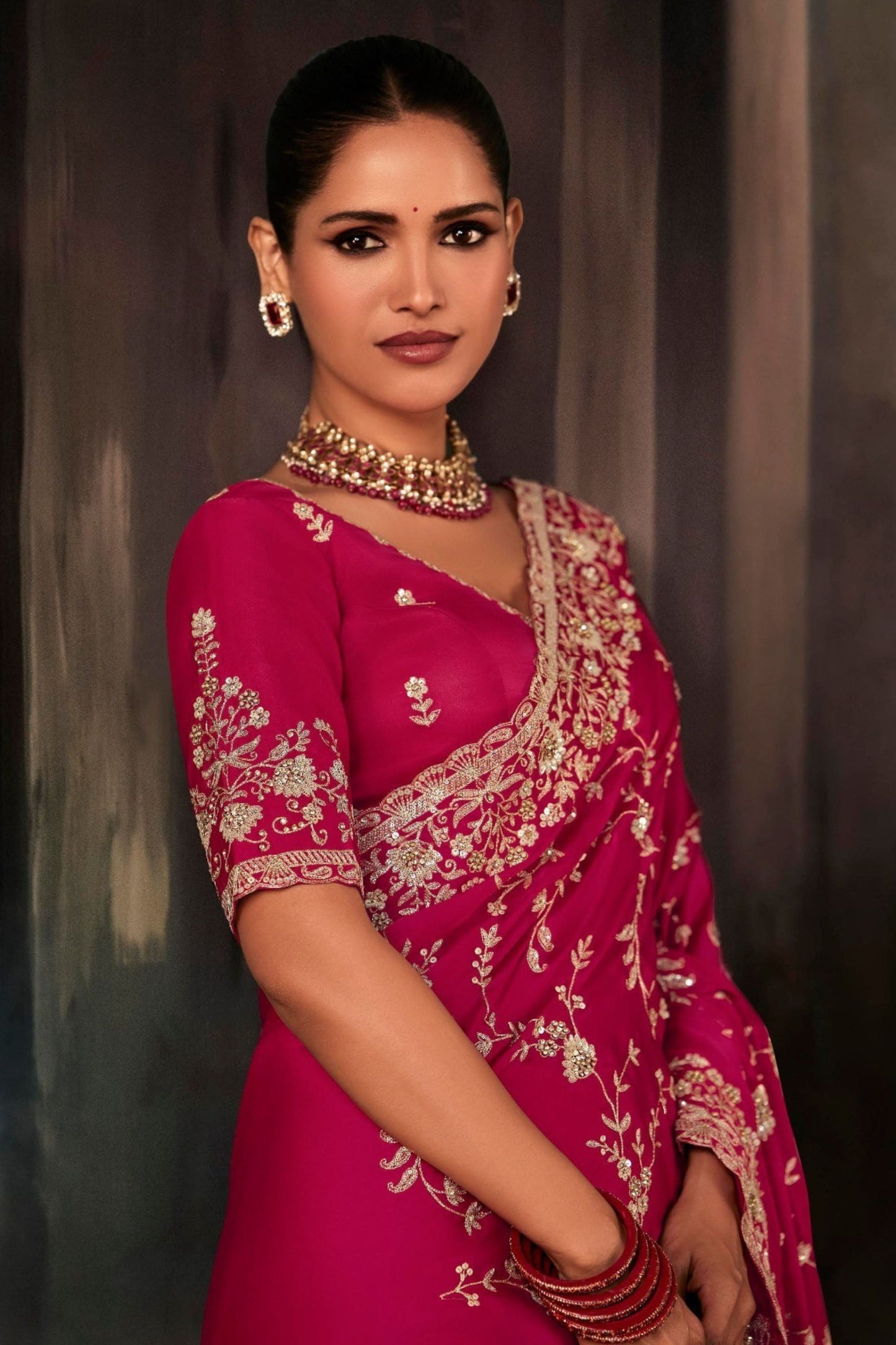 Rani Pink Designer Silk Saree with Heavy Matching Blouse