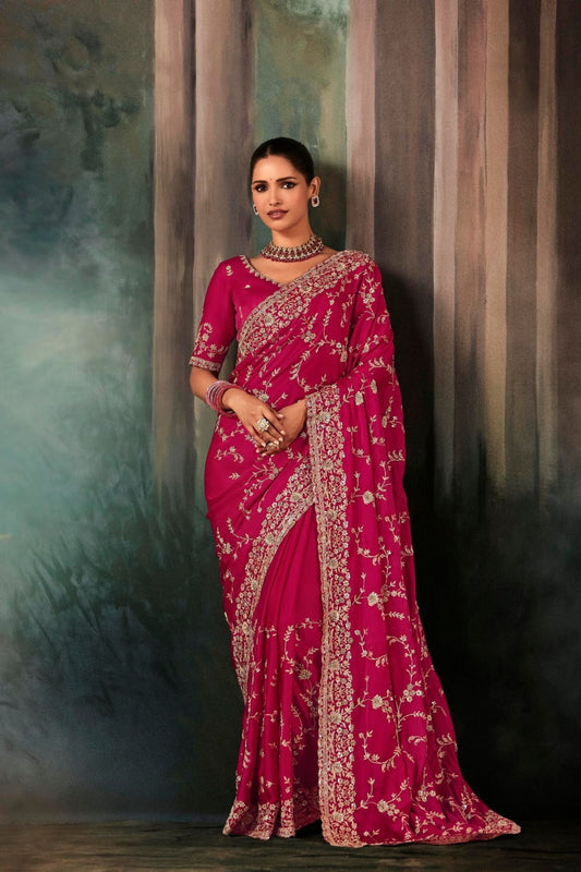 Rani Pink Designer Silk Saree with Heavy Matching Blouse