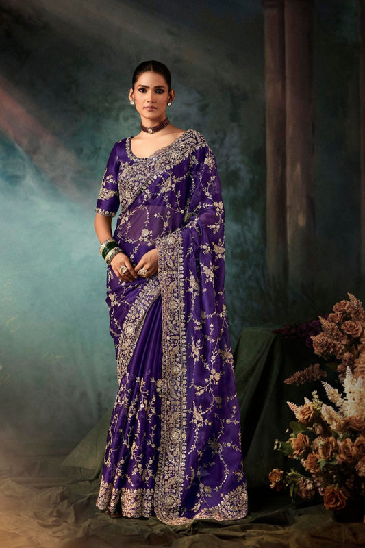 Royal Purple Designer Silk Saree with Heavy Matching Blouse