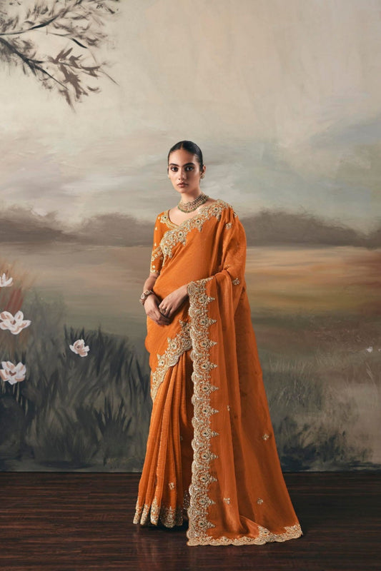 Orange Designer Embroidered Saree with Zari and Stone Work