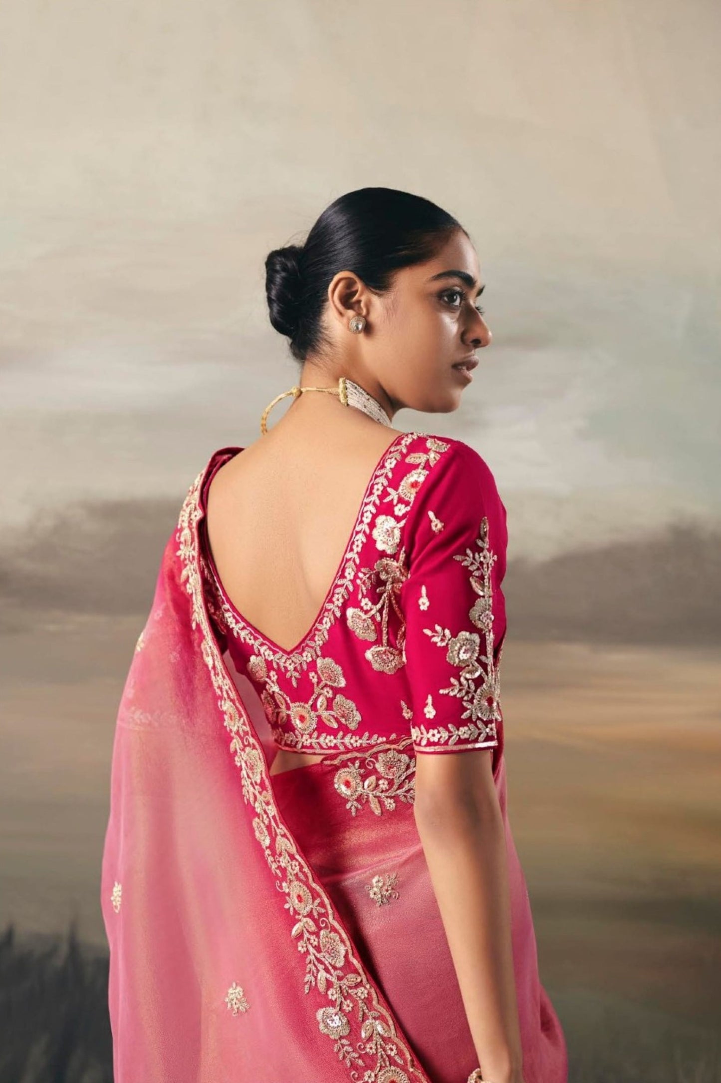 Pink Organza Saree Maroon Border Designer Blouse